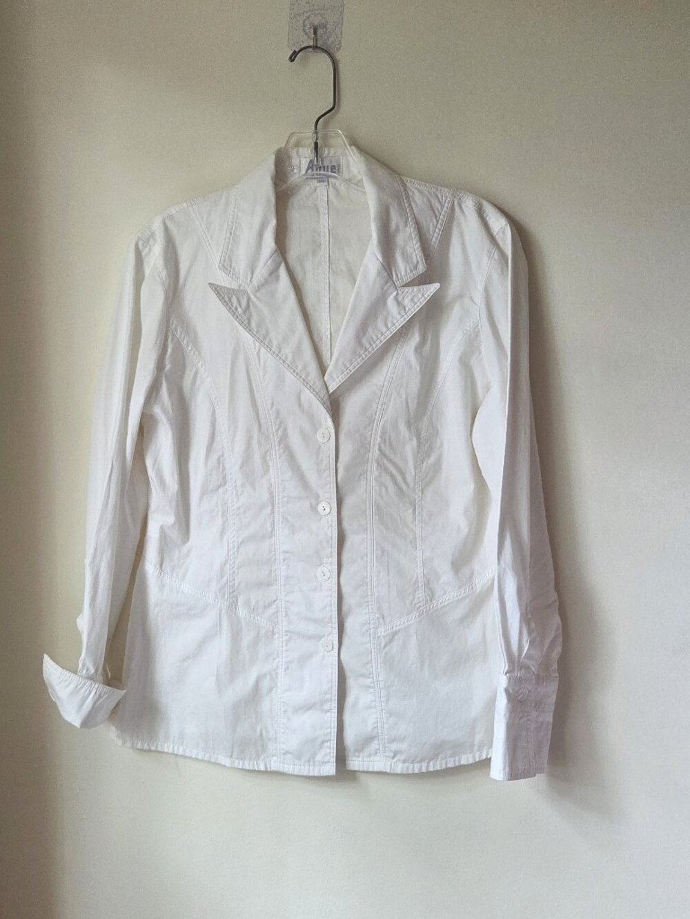 A'Nue sz S White Cotton Blazer Top Button Down Long Sleeve Summer Jacket Boutiqu